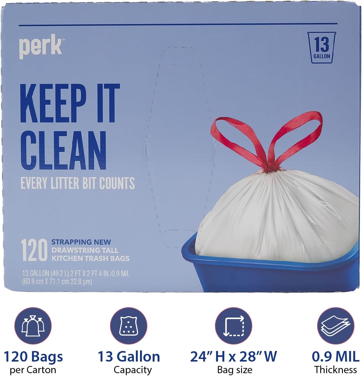 image:imagePERK 13 Gallon Kitchen Trash Bag Low Density 09 Mil120 Pack