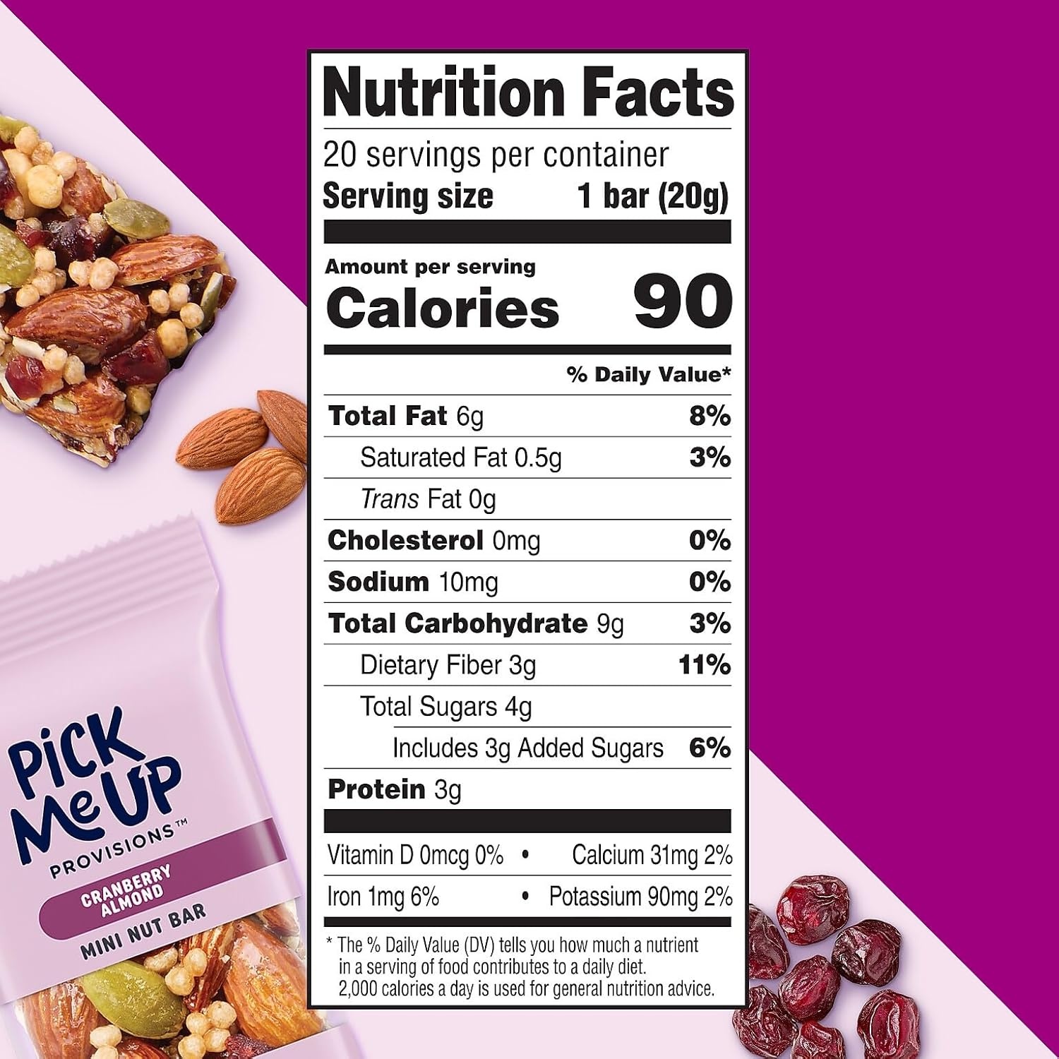 image:imagePick Me Up Provisions Mini Peanut Butter Dark Chocolate Nut Bar 20 Bars Perfect for Lunches Protein SnackCranberry Almond