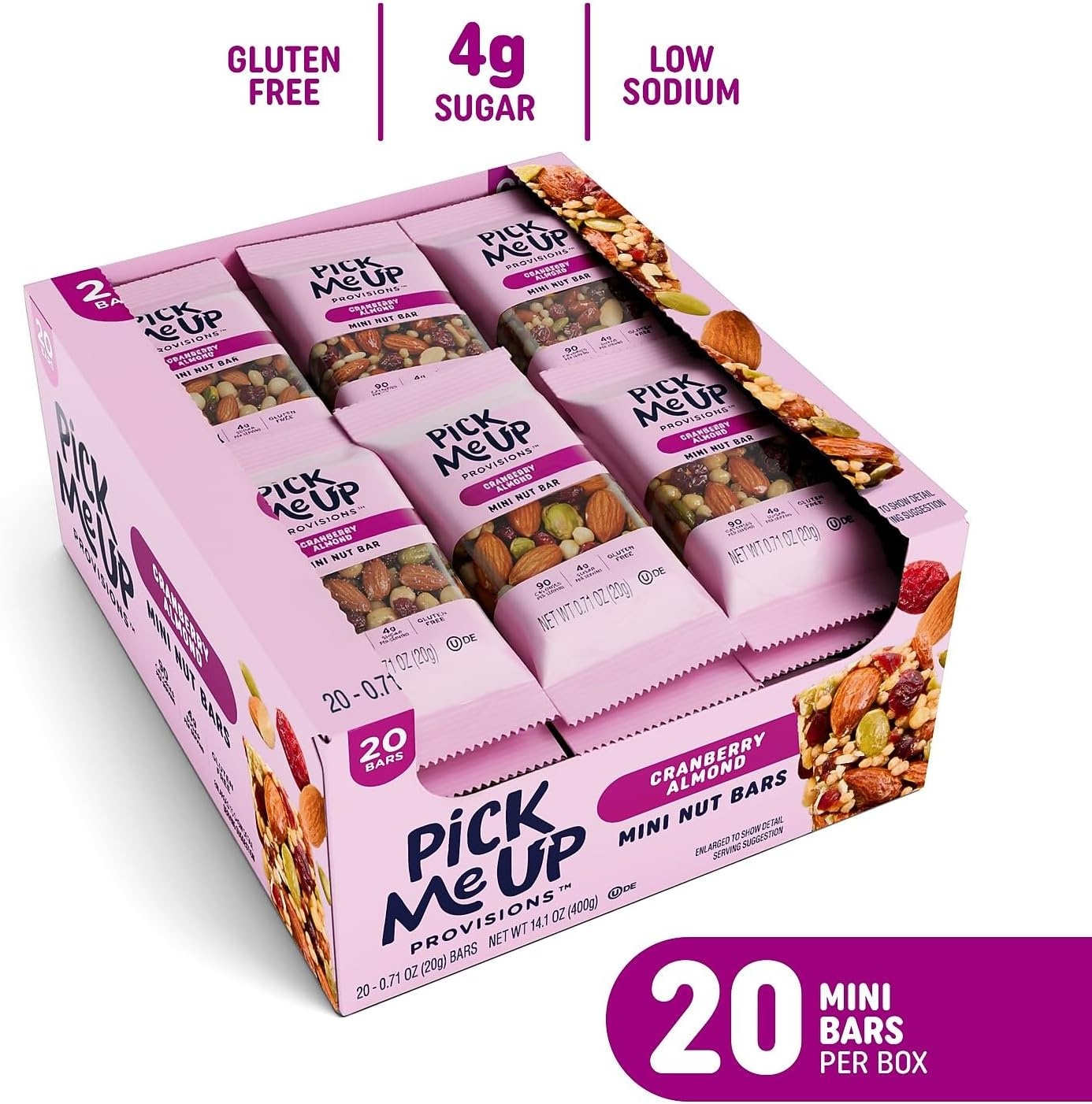 image:imagePick Me Up Provisions Mini Peanut Butter Dark Chocolate Nut Bar 20 Bars Perfect for Lunches Protein SnackCranberry Almond