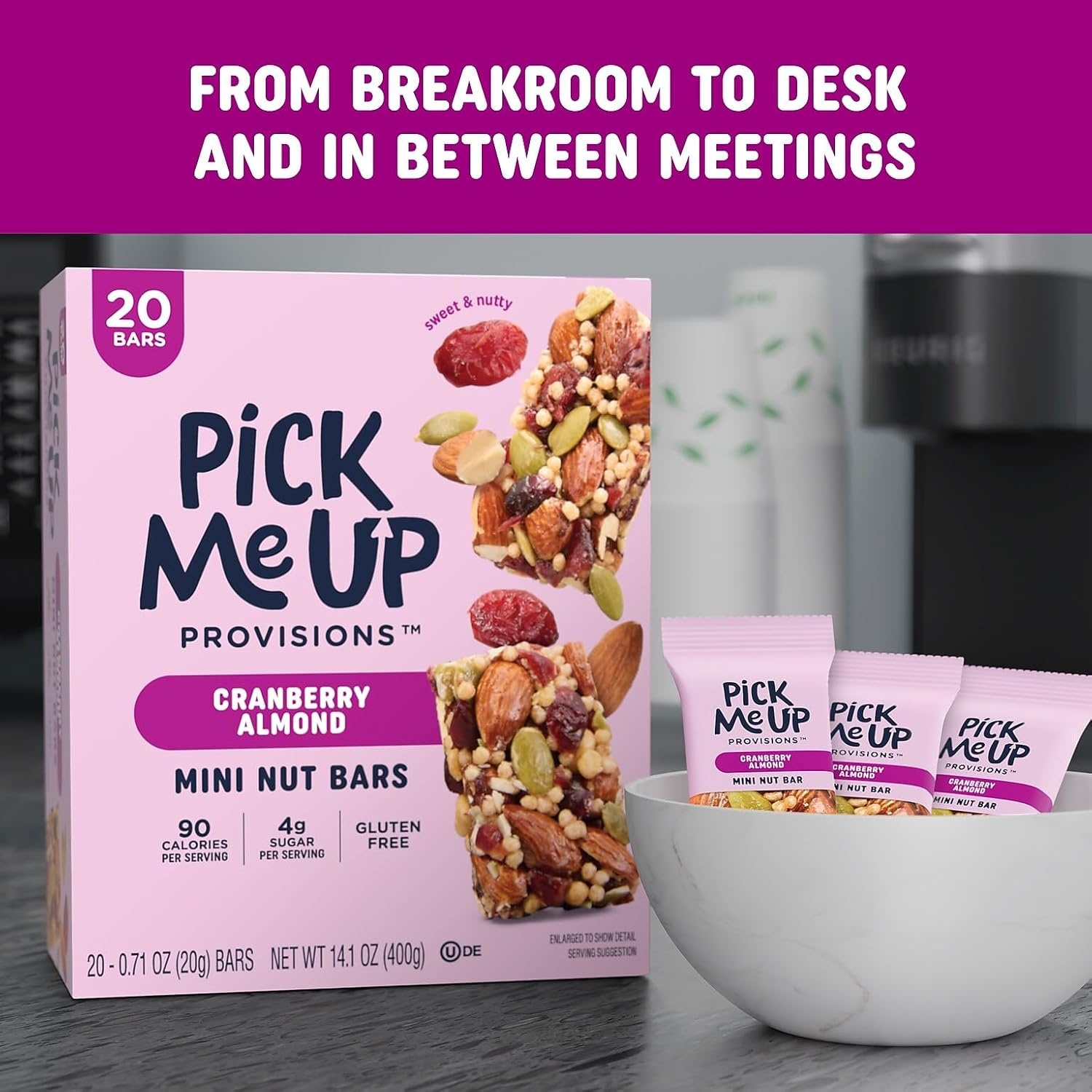 image:imagePick Me Up Provisions Mini Peanut Butter Dark Chocolate Nut Bar 20 Bars Perfect for Lunches Protein SnackCranberry Almond