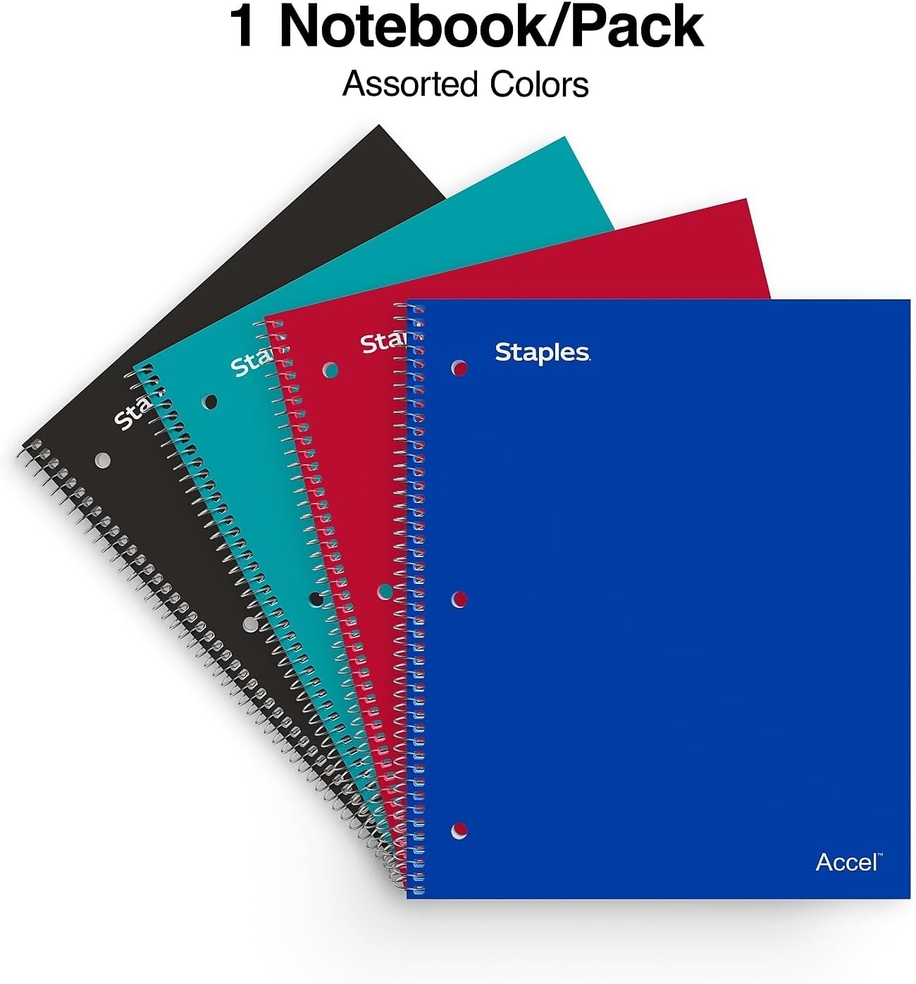 image:imageSTAPLES Accel 5Subject Notebook 85 x 11 College Ruled 200 Sheets Assorted Colors 3Pack