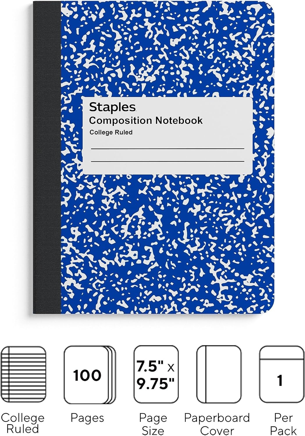 image:imageSTAPLES Composition Notebook 975 x 75 College Ruled 100 Sheets Assorted Colors 48CartonBlue
