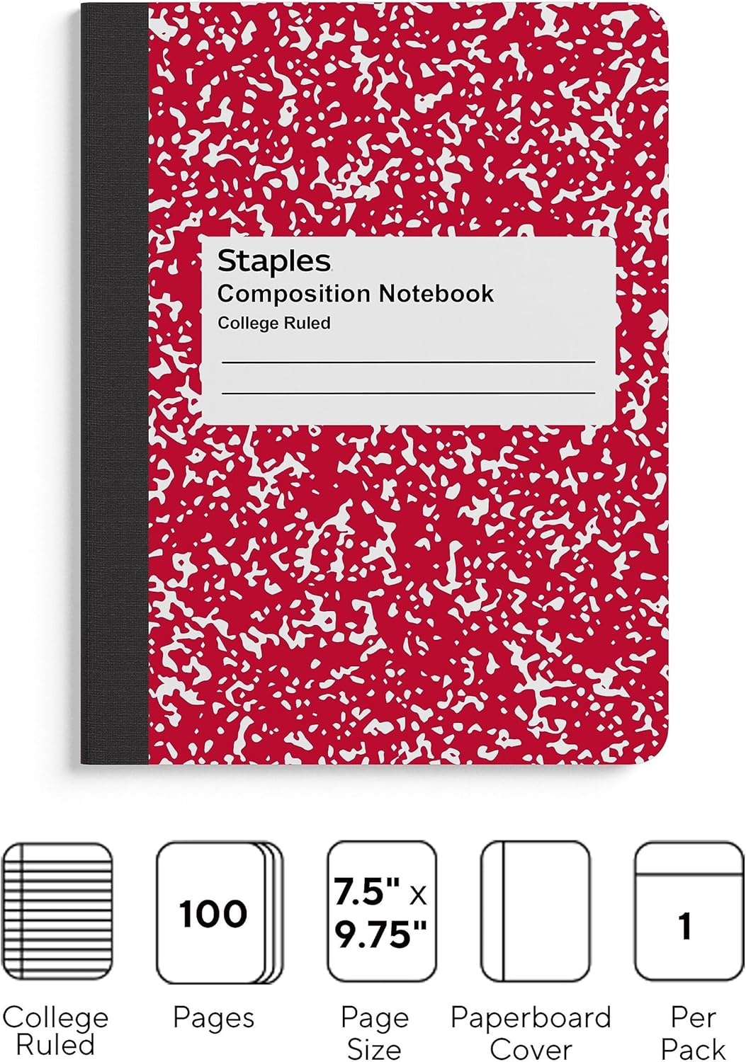 image:imageSTAPLES Composition Notebook 975 x 75 College Ruled 100 Sheets Assorted Colors 48CartonRed