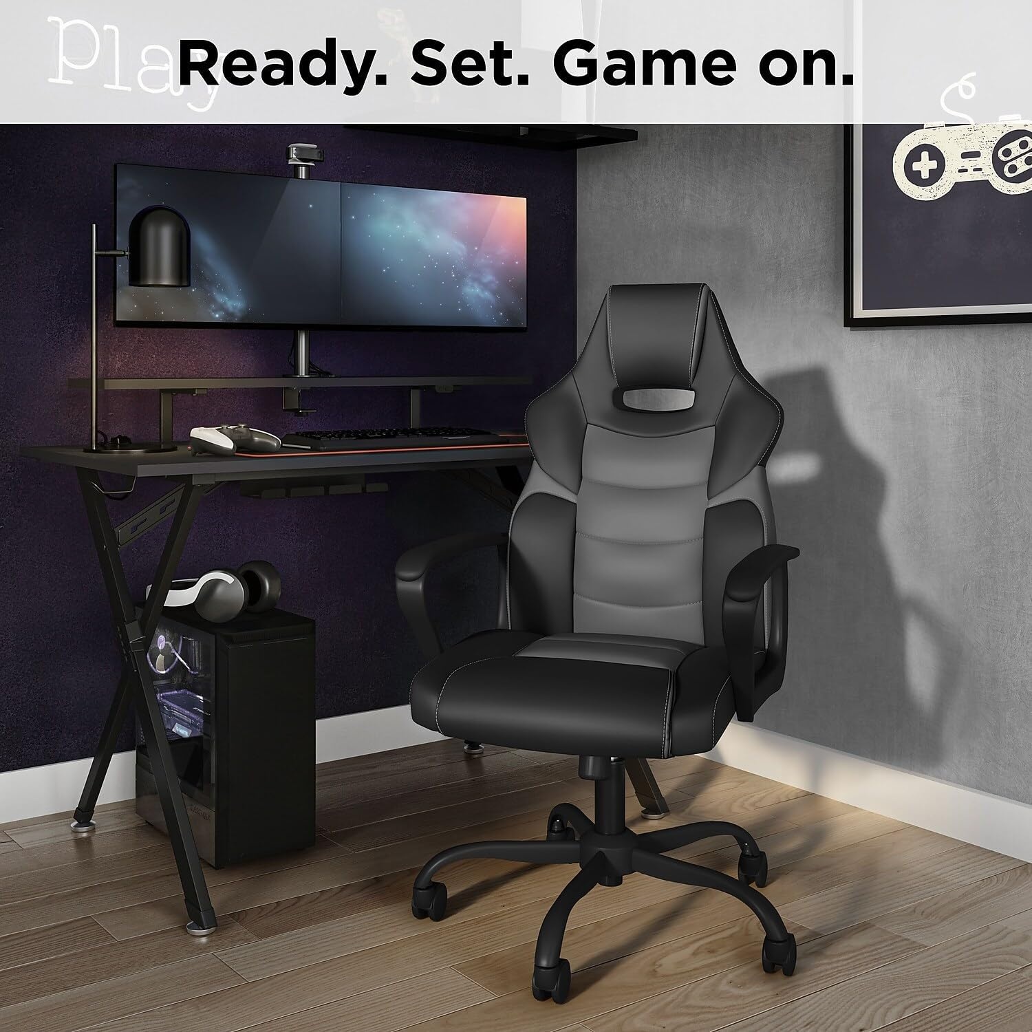 image:imageSTAPLES Emerge Vector Luxura Faux Leather Gaming Chair Black amp Gray