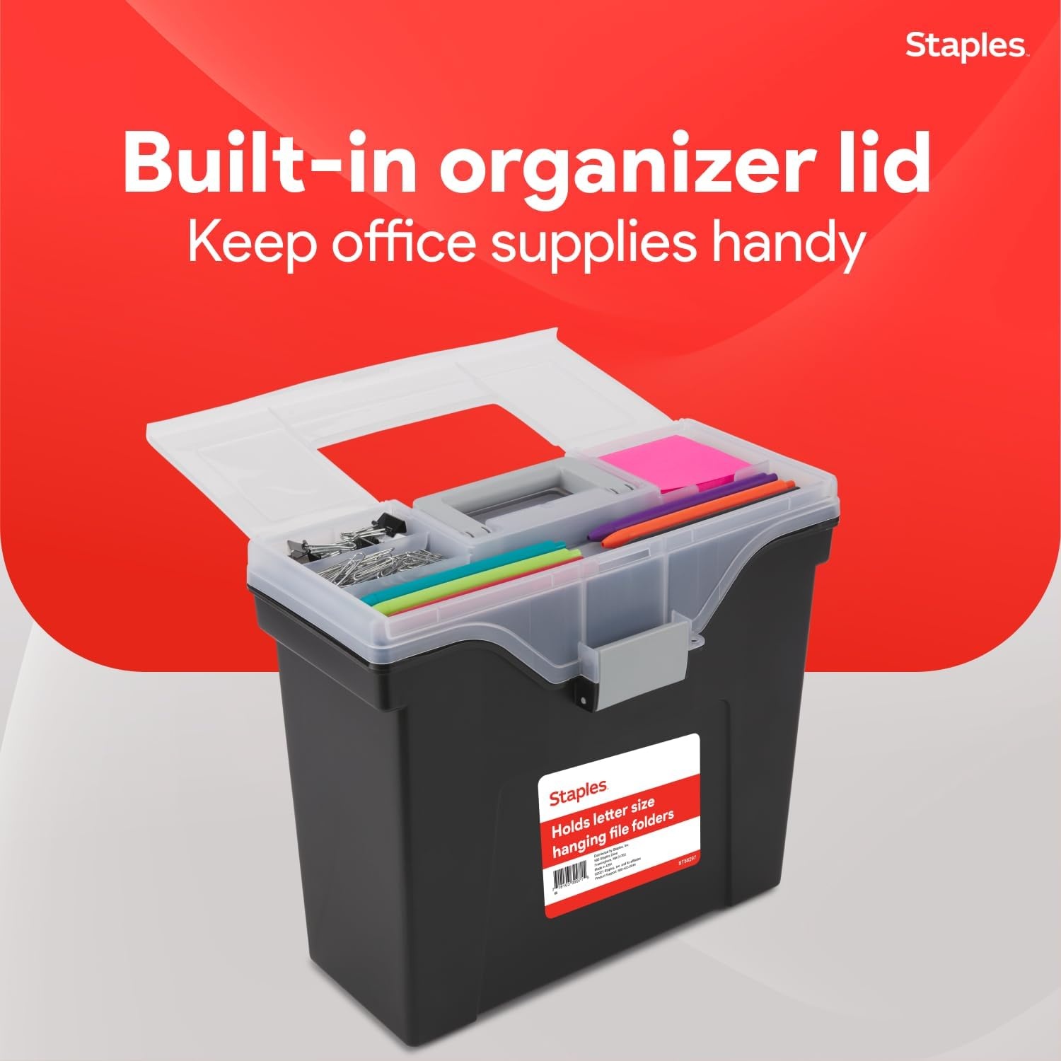 image:imageSTAPLES File Folder Tote Portable Filing Box for Letter SIze Hanging Folders Security Latch amp BuiltIn Lid Organizer BlackClearBlack