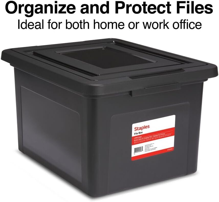 image:imageSTAPLES File Folder Tote Portable Filing Box for Letter SIze Hanging Folders Security Latch amp BuiltIn Lid Organizer BlackClearBlack