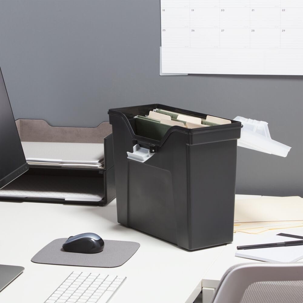 image:imageSTAPLES File Folder Tote Portable Filing Box for Letter SIze Hanging Folders Security Latch amp BuiltIn Lid Organizer BlackClearBlack