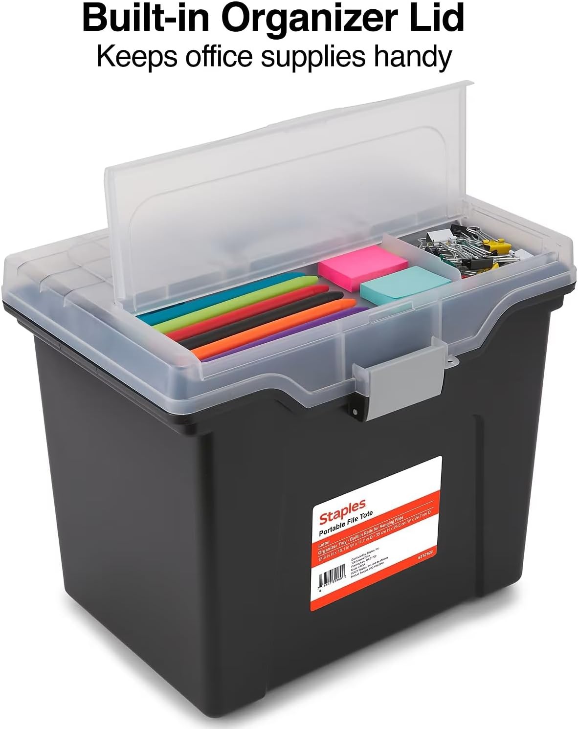 image:imageSTAPLES File Folder Tote Portable Filing Box for Letter SIze Hanging Folders Security Latch amp BuiltIn Lid Organizer BlackClearBlack