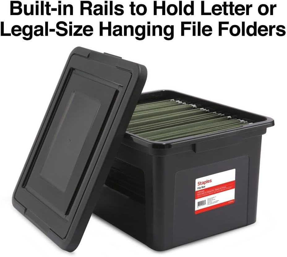 image:imageSTAPLES File Folder Tote Portable Filing Box for Letter SIze Hanging Folders Security Latch amp BuiltIn Lid Organizer BlackClearBlack