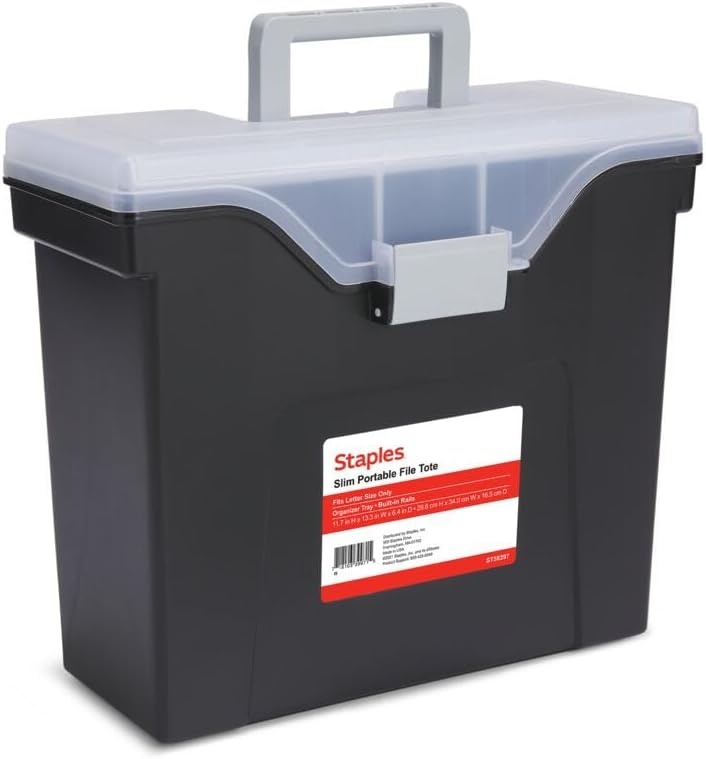 image:imageSTAPLES File Folder Tote Portable Filing Box for Letter SIze Hanging Folders Security Latch amp BuiltIn Lid Organizer BlackClearBlack