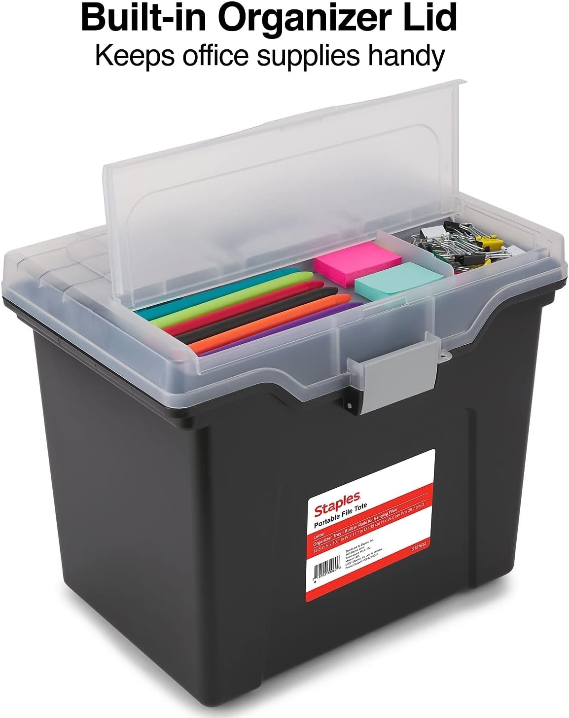 image:imageSTAPLES File Folder Tote Portable Filing Box for Letter SIze Hanging Folders Security Latch amp BuiltIn Lid Organizer BlackClearBlack