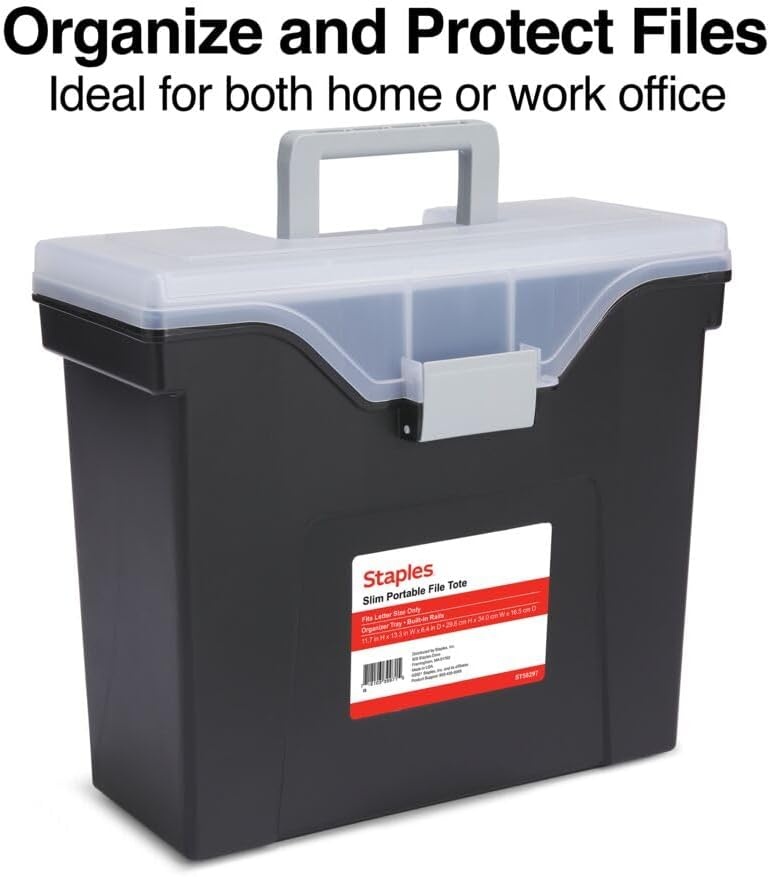 image:imageSTAPLES File Folder Tote Portable Filing Box for Letter SIze Hanging Folders Security Latch amp BuiltIn Lid Organizer BlackClearBlack