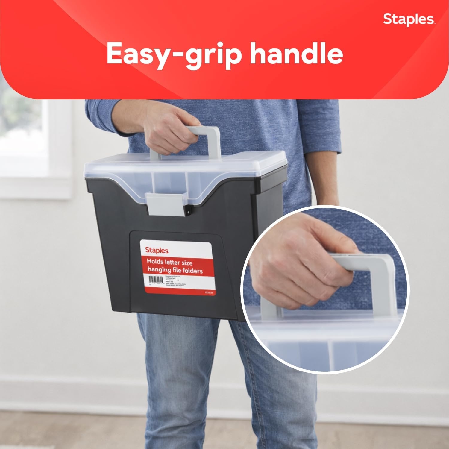 image:imageSTAPLES File Folder Tote Portable Filing Box for Letter SIze Hanging Folders Security Latch amp BuiltIn Lid Organizer BlackClearBlack