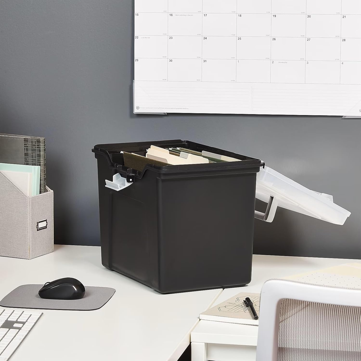 image:imageSTAPLES File Folder Tote Portable Filing Box for Letter SIze Hanging Folders Security Latch amp BuiltIn Lid Organizer BlackClearBlack