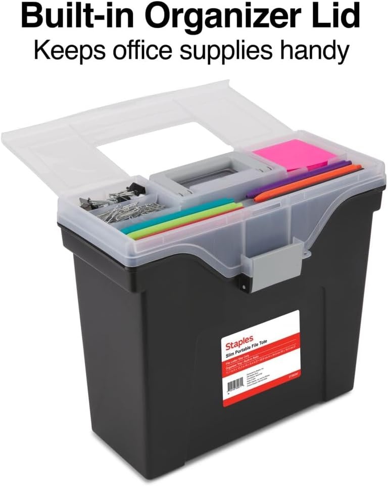 image:imageSTAPLES File Folder Tote Portable Filing Box for Letter SIze Hanging Folders Security Latch amp BuiltIn Lid Organizer BlackClearBlack