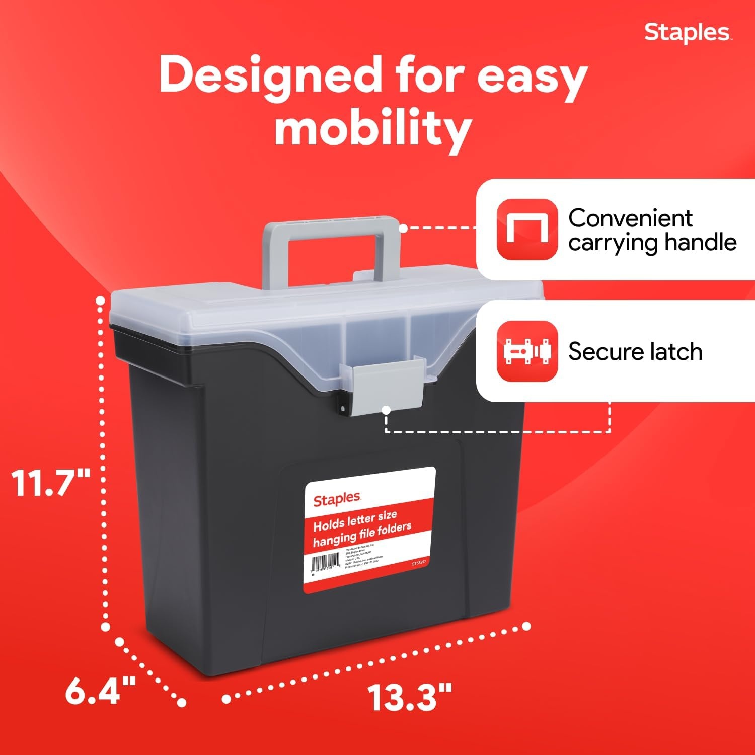 image:imageSTAPLES File Folder Tote Portable Filing Box for Letter SIze Hanging Folders Security Latch amp BuiltIn Lid Organizer BlackClearBlack
