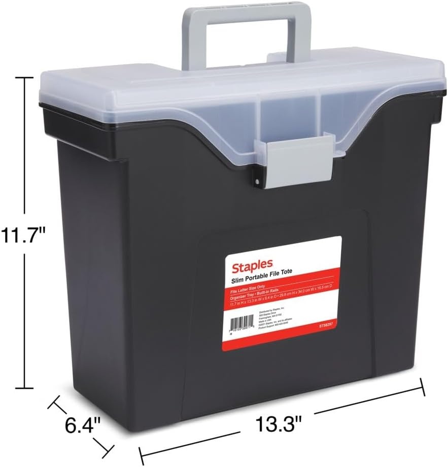 image:imageSTAPLES File Folder Tote Portable Filing Box for Letter SIze Hanging Folders Security Latch amp BuiltIn Lid Organizer BlackClearBlack