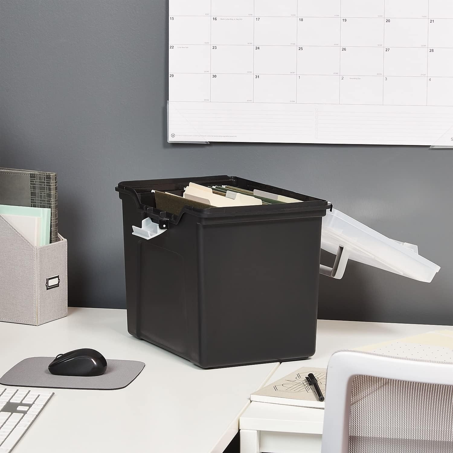 image:imageSTAPLES File Folder Tote Portable Filing Box for Letter SIze Hanging Folders Security Latch amp BuiltIn Lid Organizer BlackClearBlack