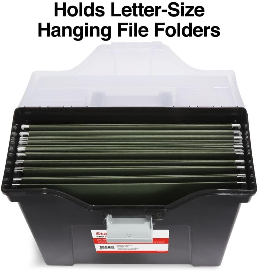 image:imageSTAPLES File Folder Tote Portable Filing Box for Letter SIze Hanging Folders Security Latch amp BuiltIn Lid Organizer BlackClearBlack