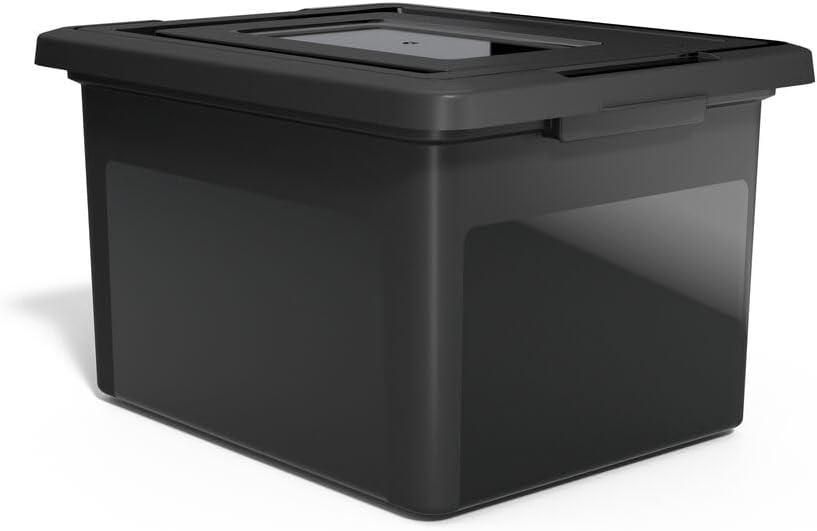 image:imageSTAPLES File Folder Tote Portable Filing Box for Letter SIze Hanging Folders Security Latch amp BuiltIn Lid Organizer BlackClearBlack