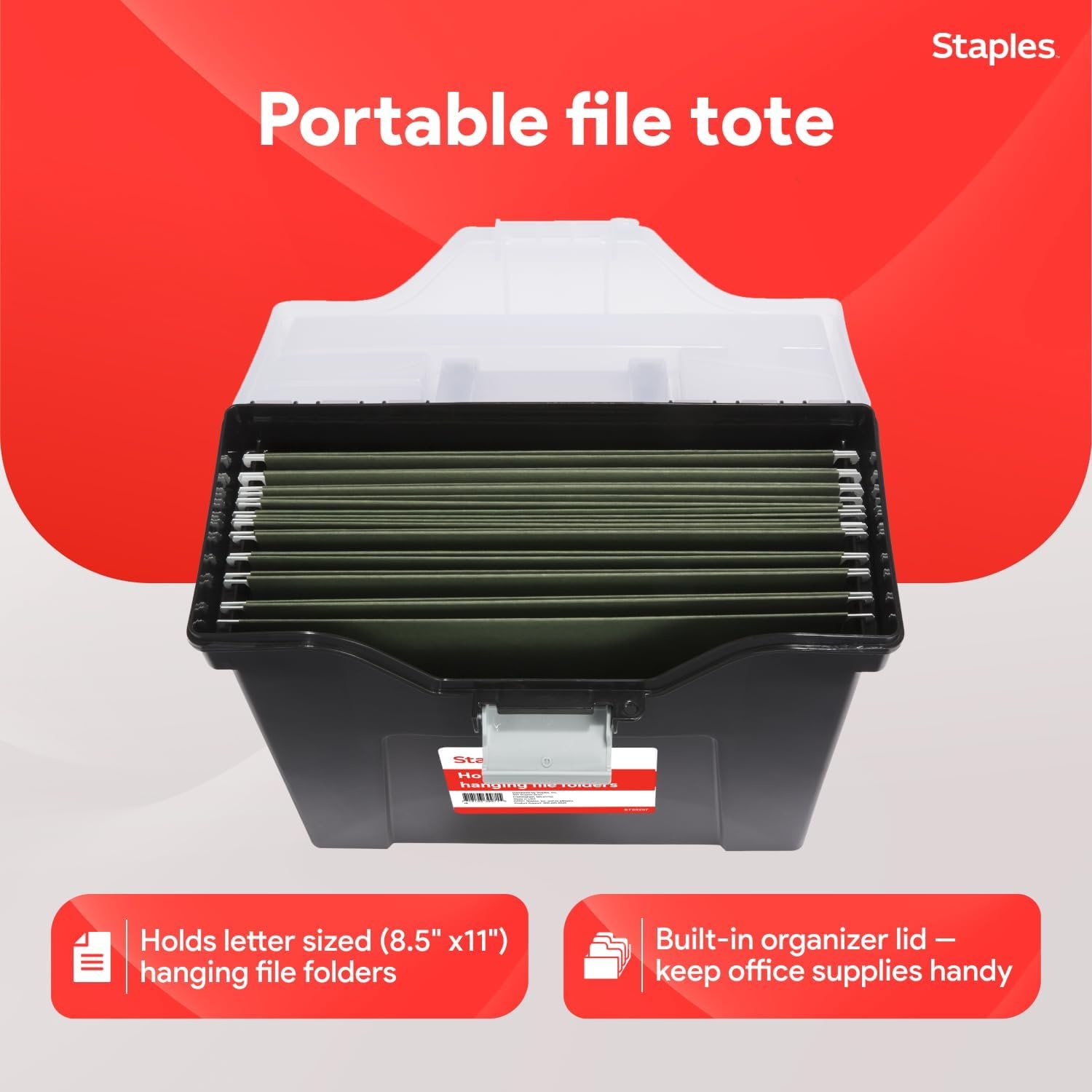 image:imageSTAPLES File Folder Tote Portable Filing Box for Letter SIze Hanging Folders Security Latch amp BuiltIn Lid Organizer BlackClearBlack