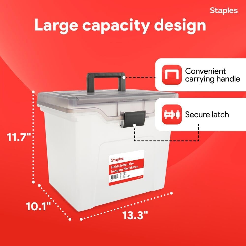 image:imageSTAPLES File Folder Tote Portable Filing Box for Letter SIze Hanging Folders Security Latch amp BuiltIn Lid Organizer BlackClearClear