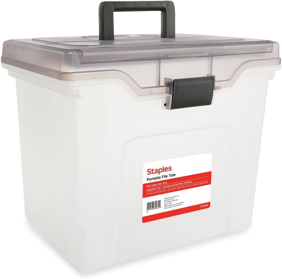 image:imageSTAPLES File Folder Tote Portable Filing Box for Letter SIze Hanging Folders Security Latch amp BuiltIn Lid Organizer BlackClearClear