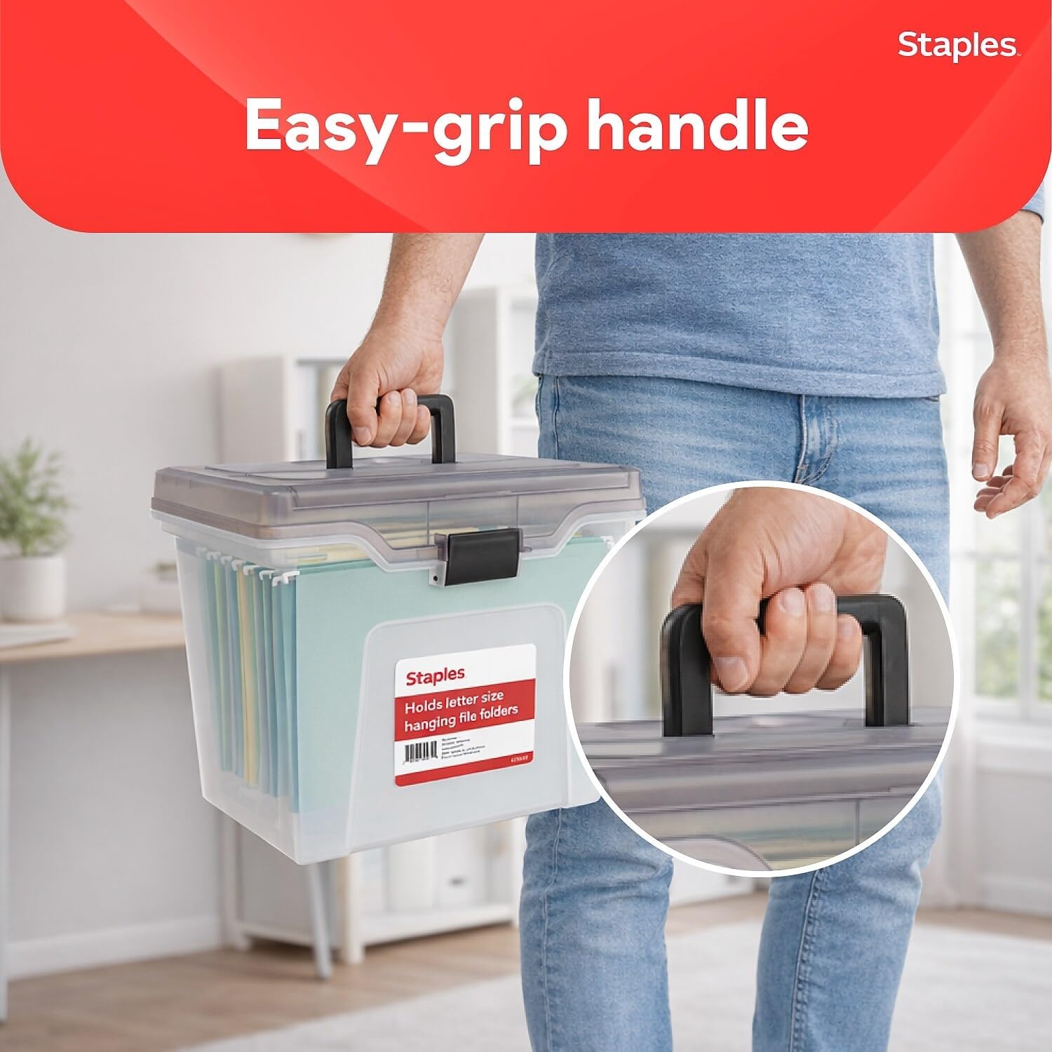 image:imageSTAPLES File Folder Tote Portable Filing Box for Letter SIze Hanging Folders Security Latch amp BuiltIn Lid Organizer BlackClearClear