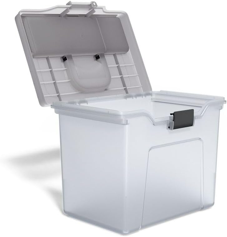 image:imageSTAPLES File Folder Tote Portable Filing Box for Letter SIze Hanging Folders Security Latch amp BuiltIn Lid Organizer BlackClearClear