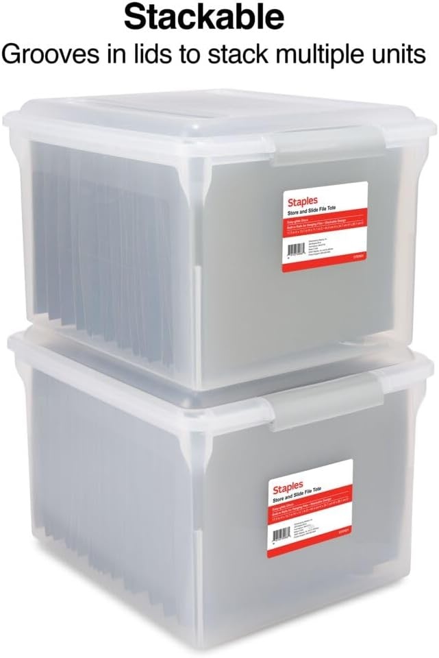 image:imageSTAPLES File Folder Tote Portable Filing Box for Letter SIze Hanging Folders Security Latch amp BuiltIn Lid Organizer BlackClearClear