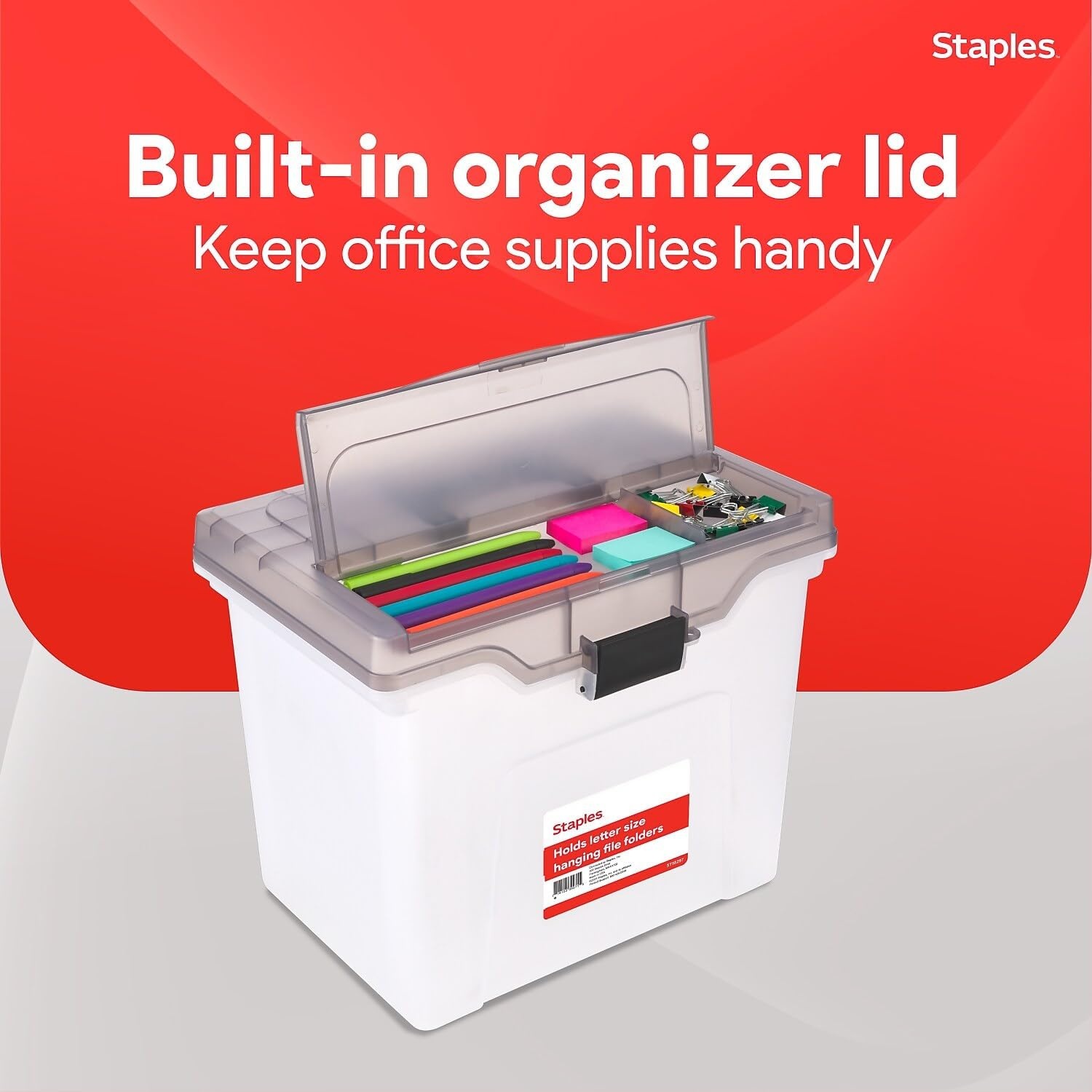 image:imageSTAPLES File Folder Tote Portable Filing Box for Letter SIze Hanging Folders Security Latch amp BuiltIn Lid Organizer BlackClearClear