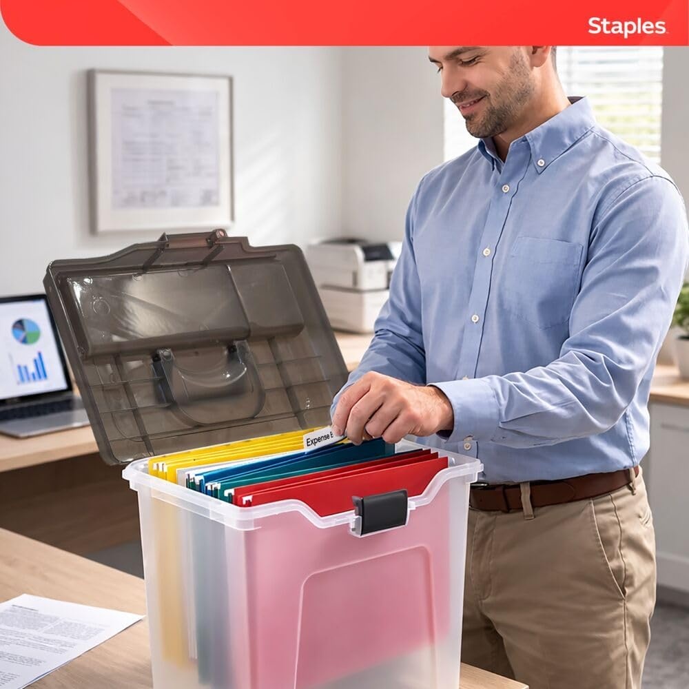 image:imageSTAPLES File Folder Tote Portable Filing Box for Letter SIze Hanging Folders Security Latch amp BuiltIn Lid Organizer BlackClearClear