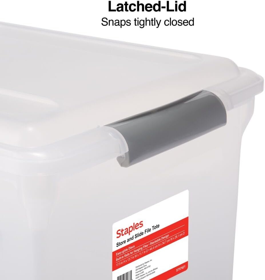 image:imageSTAPLES File Folder Tote Portable Filing Box for Letter SIze Hanging Folders Security Latch amp BuiltIn Lid Organizer BlackClearClear