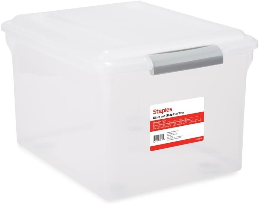 image:imageSTAPLES File Folder Tote Portable Filing Box for Letter SIze Hanging Folders Security Latch amp BuiltIn Lid Organizer BlackClearClear