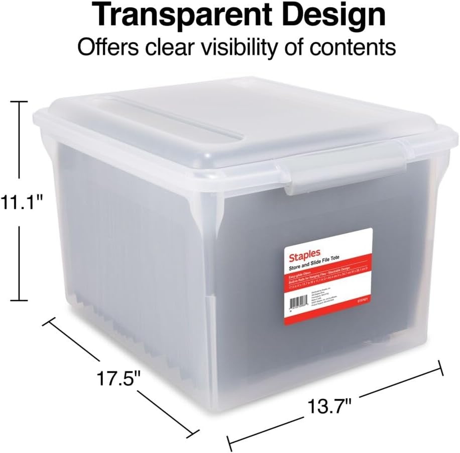 image:imageSTAPLES File Folder Tote Portable Filing Box for Letter SIze Hanging Folders Security Latch amp BuiltIn Lid Organizer BlackClearClear