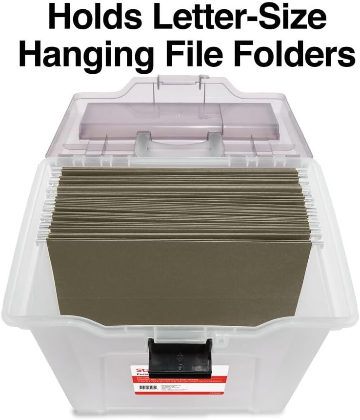 image:imageSTAPLES File Folder Tote Portable Filing Box for Letter SIze Hanging Folders Security Latch amp BuiltIn Lid Organizer BlackClearClear