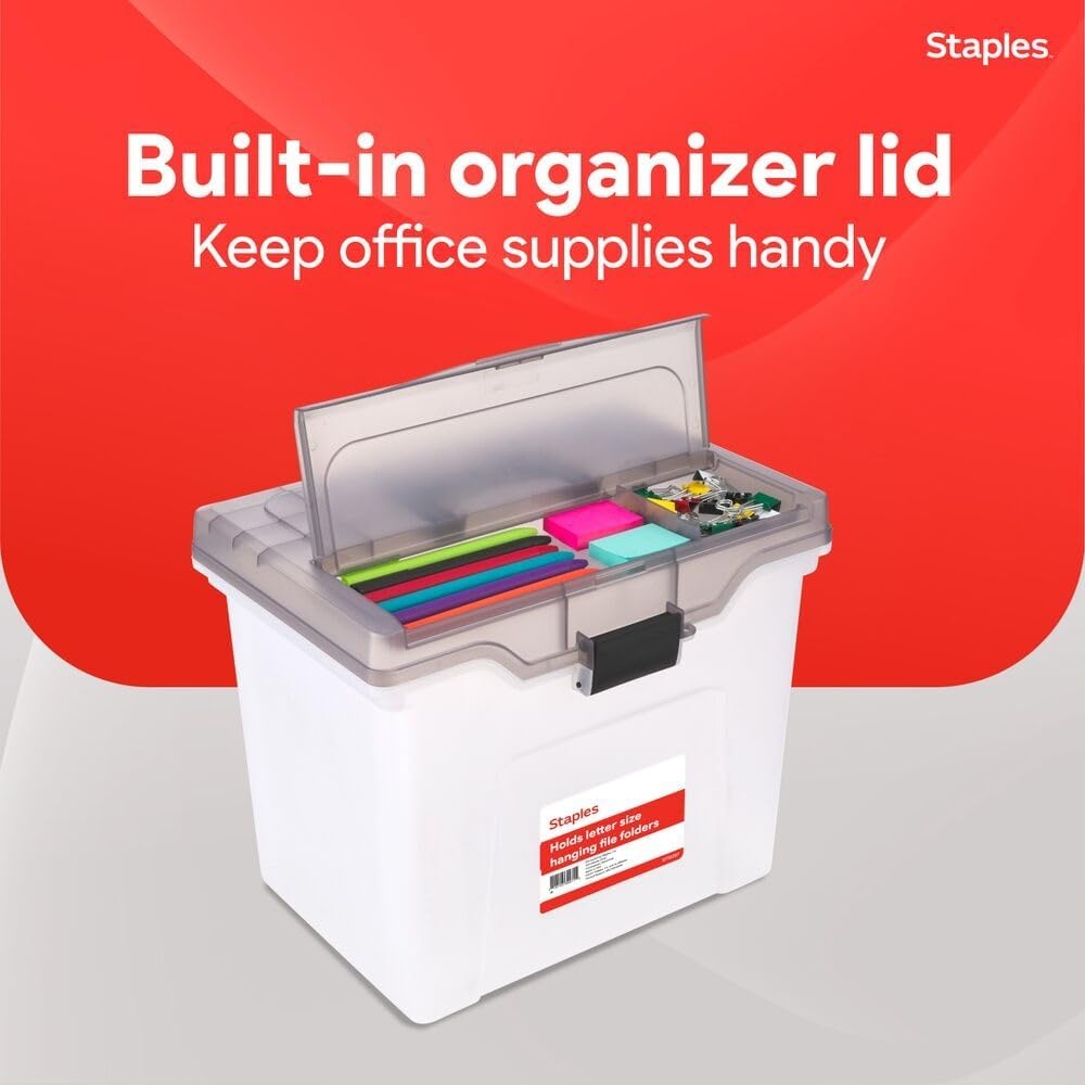 image:imageSTAPLES File Folder Tote Portable Filing Box for Letter SIze Hanging Folders Security Latch amp BuiltIn Lid Organizer BlackClearClear