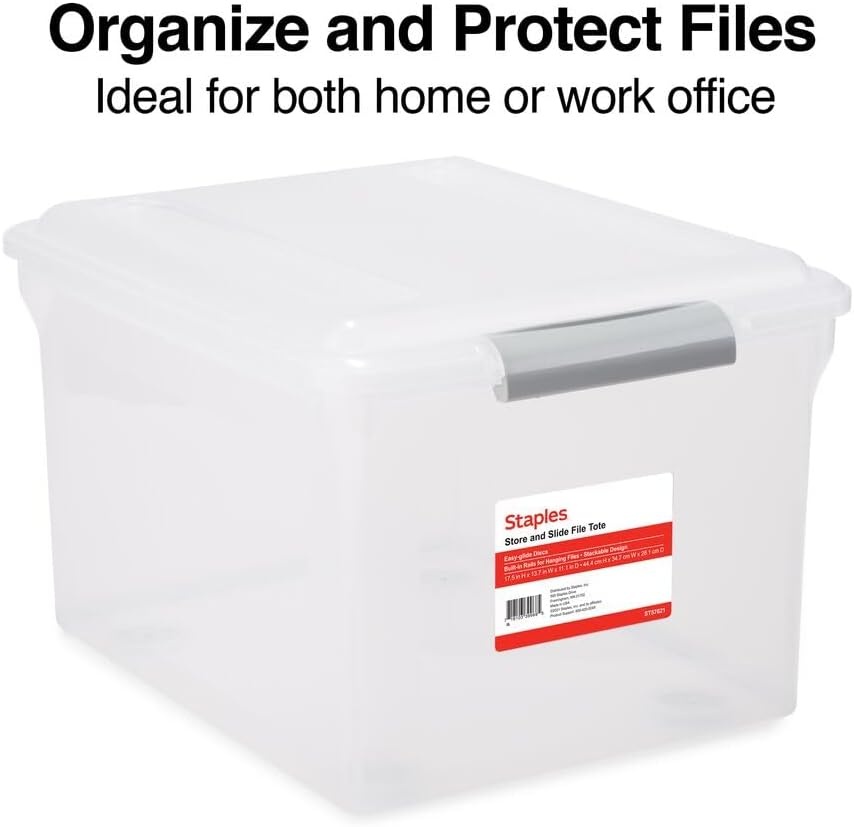 image:imageSTAPLES File Folder Tote Portable Filing Box for Letter SIze Hanging Folders Security Latch amp BuiltIn Lid Organizer BlackClearClear