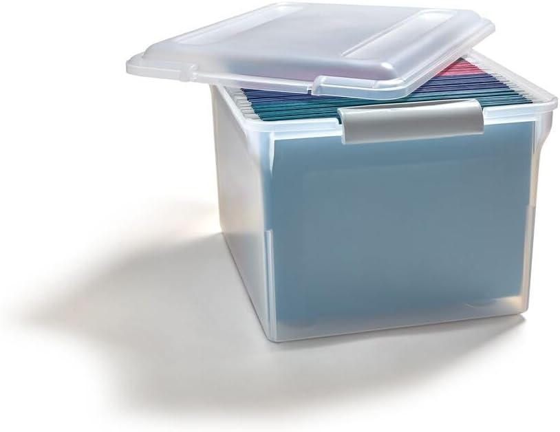 image:imageSTAPLES File Folder Tote Portable Filing Box for Letter SIze Hanging Folders Security Latch amp BuiltIn Lid Organizer BlackClearClear