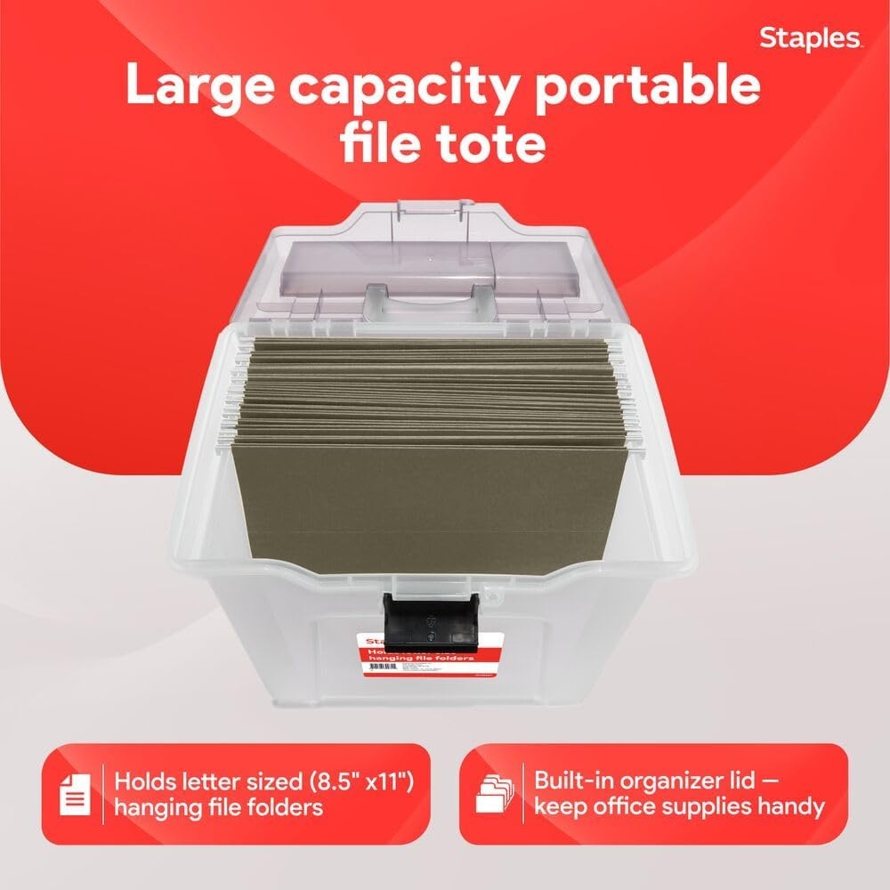 image:imageSTAPLES File Folder Tote Portable Filing Box for Letter SIze Hanging Folders Security Latch amp BuiltIn Lid Organizer BlackClearClear