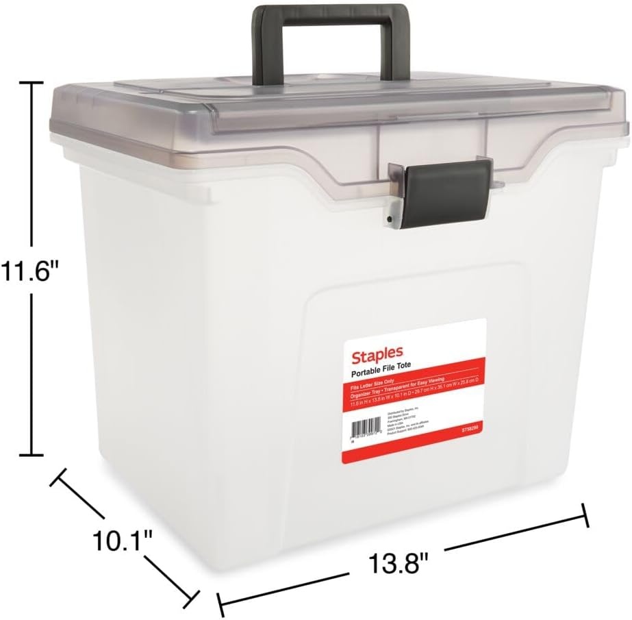 image:imageSTAPLES File Folder Tote Portable Filing Box for Letter SIze Hanging Folders Security Latch amp BuiltIn Lid Organizer BlackClearClear