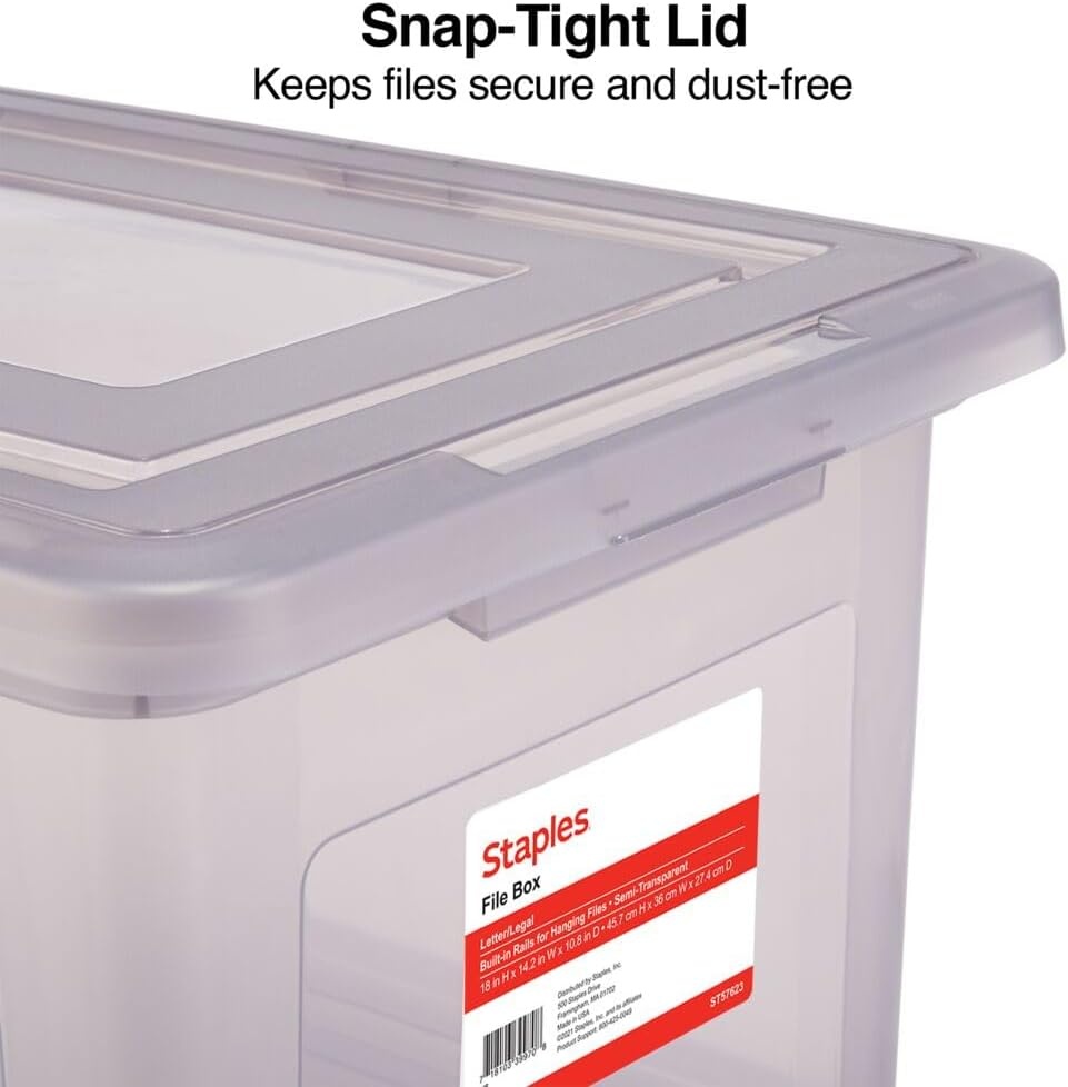 image:imageSTAPLES File Folder Tote Portable Filing Box for Letter SIze Hanging Folders Security Latch amp BuiltIn Lid Organizer BlackClearGray