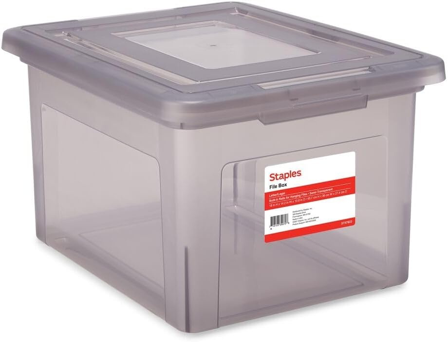 image:imageSTAPLES File Folder Tote Portable Filing Box for Letter SIze Hanging Folders Security Latch amp BuiltIn Lid Organizer BlackClearGray