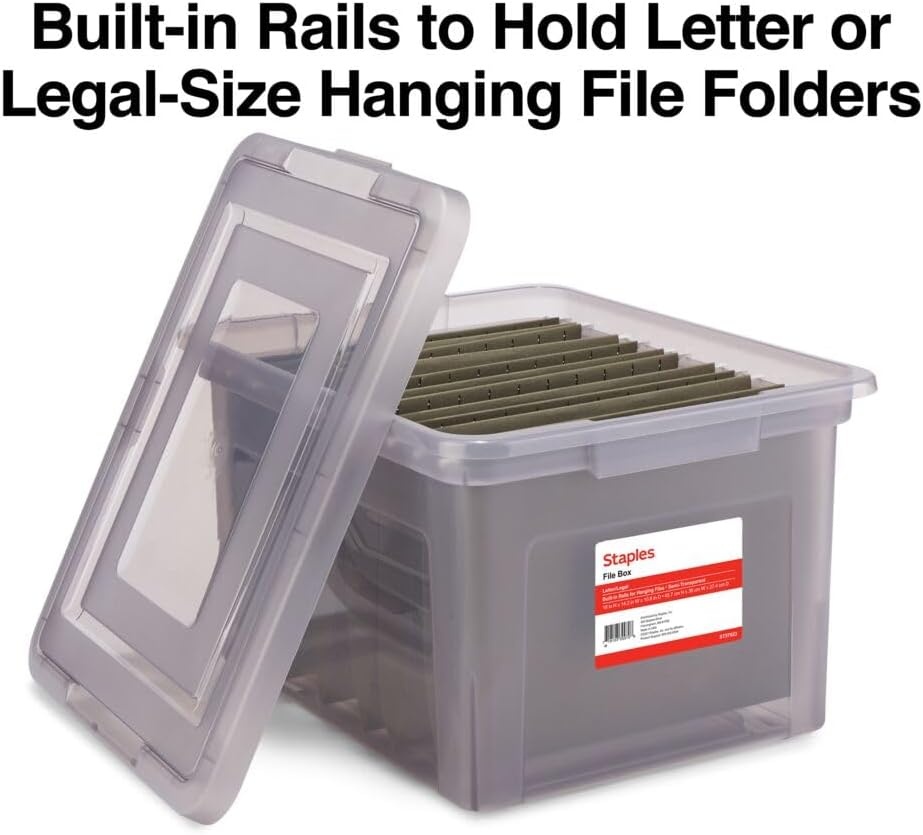 image:imageSTAPLES File Folder Tote Portable Filing Box for Letter SIze Hanging Folders Security Latch amp BuiltIn Lid Organizer BlackClearGray