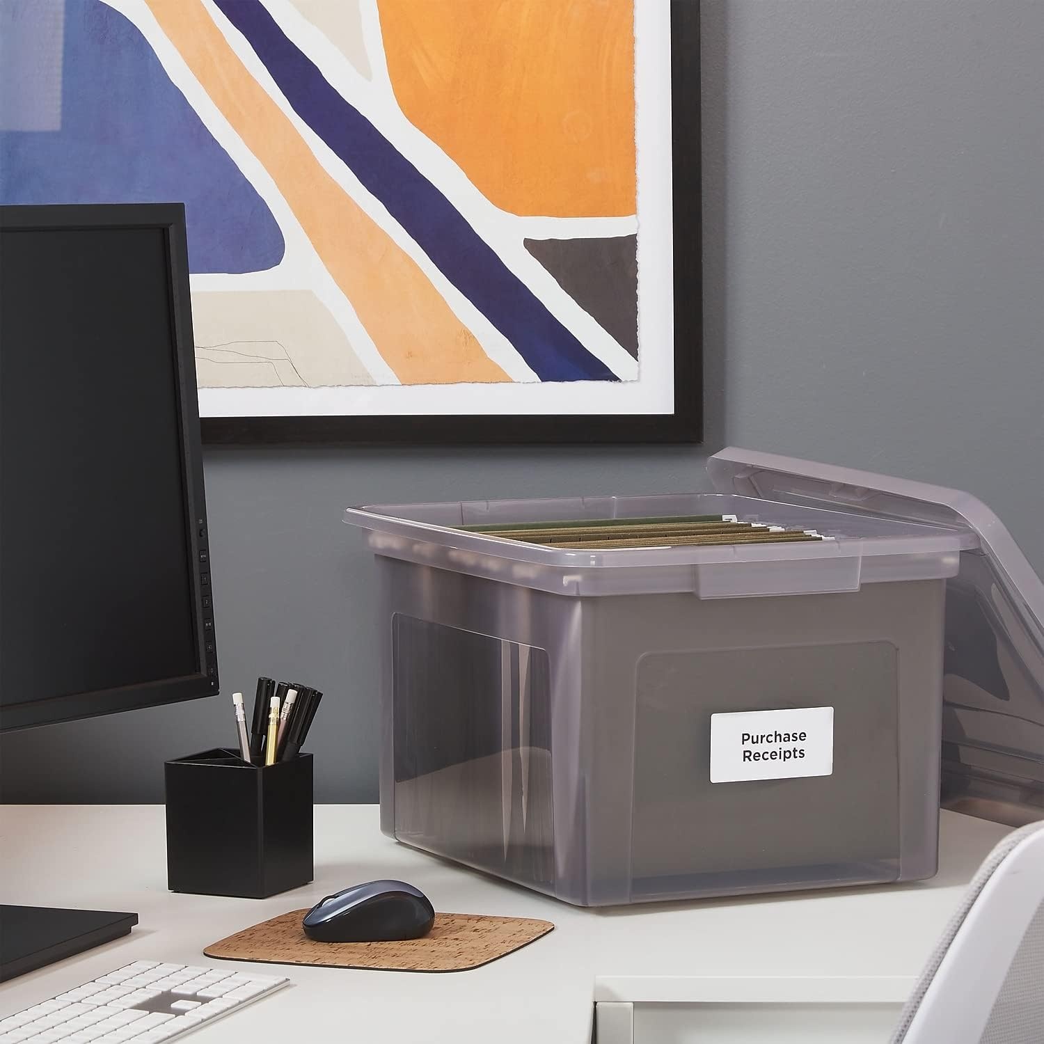 image:imageSTAPLES File Folder Tote Portable Filing Box for Letter SIze Hanging Folders Security Latch amp BuiltIn Lid Organizer BlackClearGray