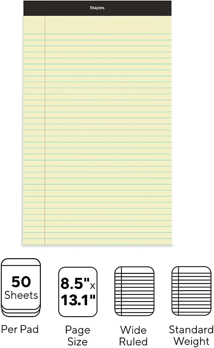 image:imageSTAPLES Legal Pads 85 x 14 Wide Ruled 50 SheetsPad 12PackYellow