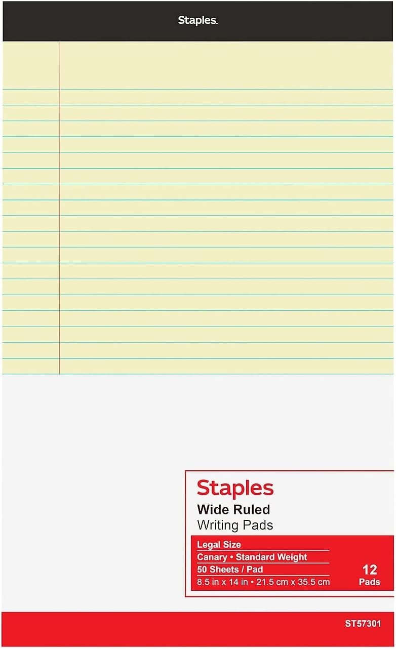 image:imageSTAPLES Legal Pads 85 x 14 Wide Ruled 50 SheetsPad 12PackYellow