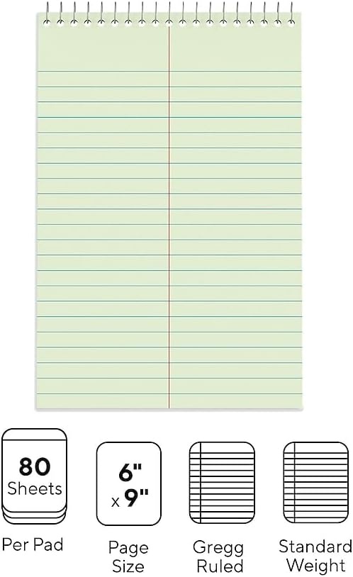 image:imageSTAPLES Steno Notepads 6 x 9 Gregg Ruled Top Wirebound 80 Sheets 12PackGreen Paper