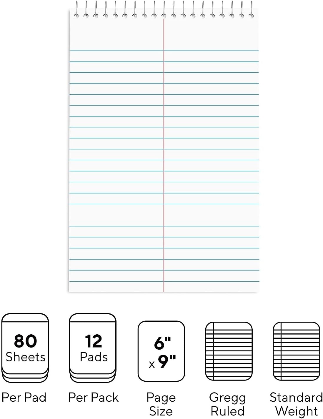image:imageSTAPLES Steno Notepads 6 x 9 Gregg Ruled Top Wirebound 80 Sheets 12PackWhite Paper