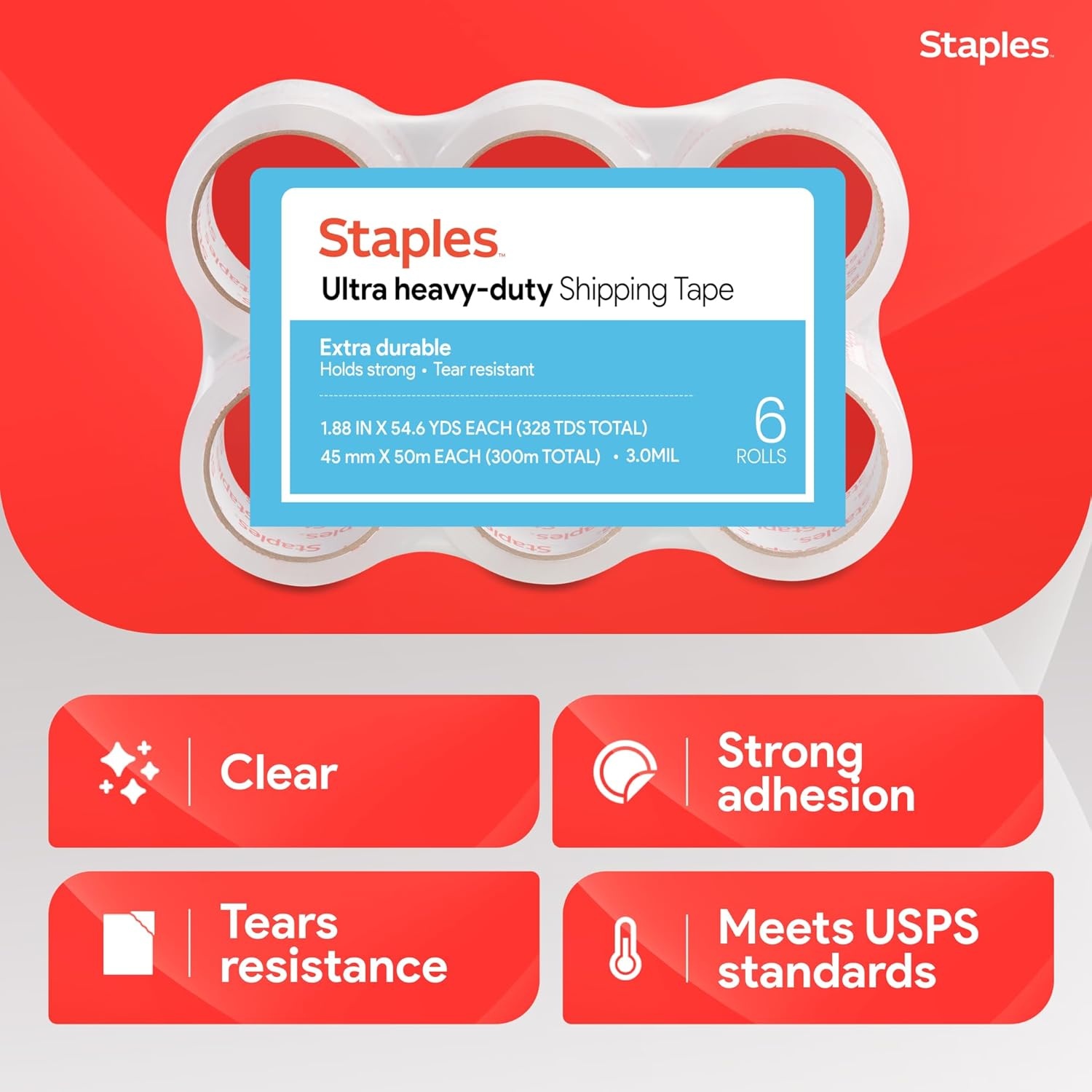 image:imageSTAPLES Ultra HeavyDuty Packing Tape 188 x 546 Yards Clear 6Roll Pack